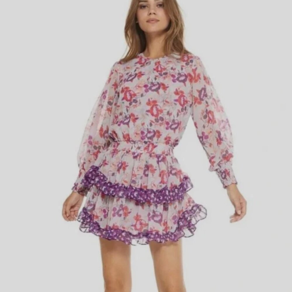 Misa Los Angeles Pink Floral Long Sleeve Ruffle Mini Dress